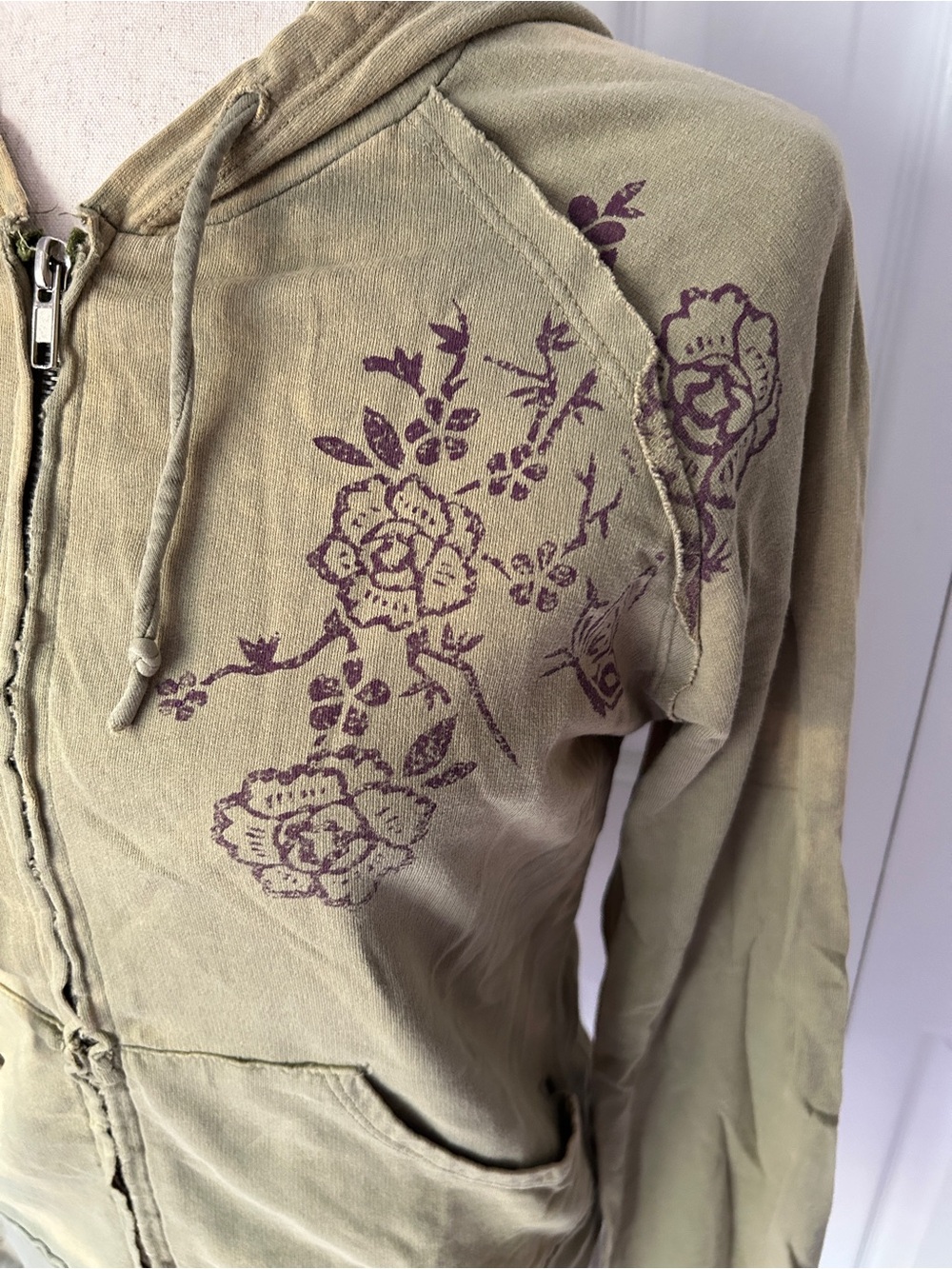 Urban Outfitters Olive Green Zip-Up Hoodie with Floral Print - Picture 2 of 7